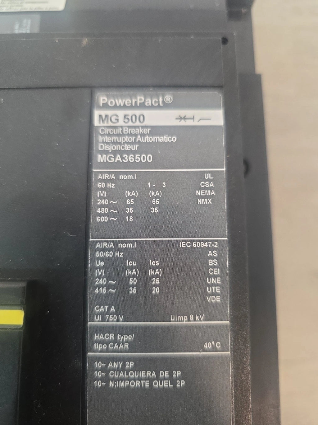 Square D MGA36500 PowerPact MG 500A 600V 3-Pole I-Line Circuit Breaker