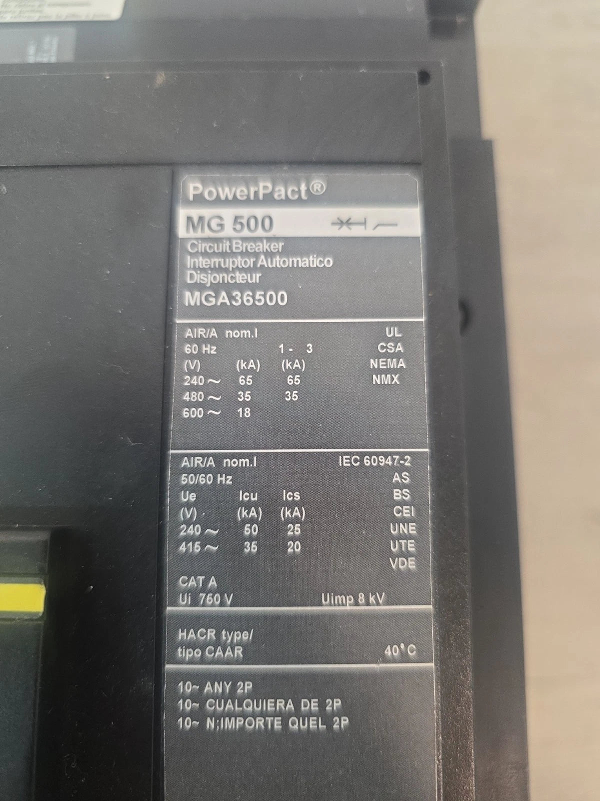 Square D MGA36500 PowerPact MG 500A 600V 3-Pole I-Line Circuit Breaker